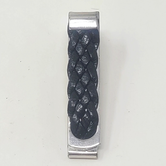 Vintage silver tone metal black leather accent tie clip clasp men accessories - Picture 3 of 4